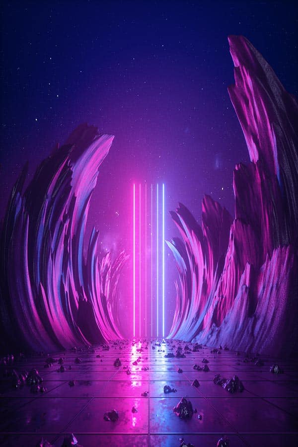 3d render, abstract background, cosmic landscape, alien portal, pink blue neon light, virtual reality, energy source, glowing laser lines, dark space, ultraviolet spectrum, mountains, rocks, ground